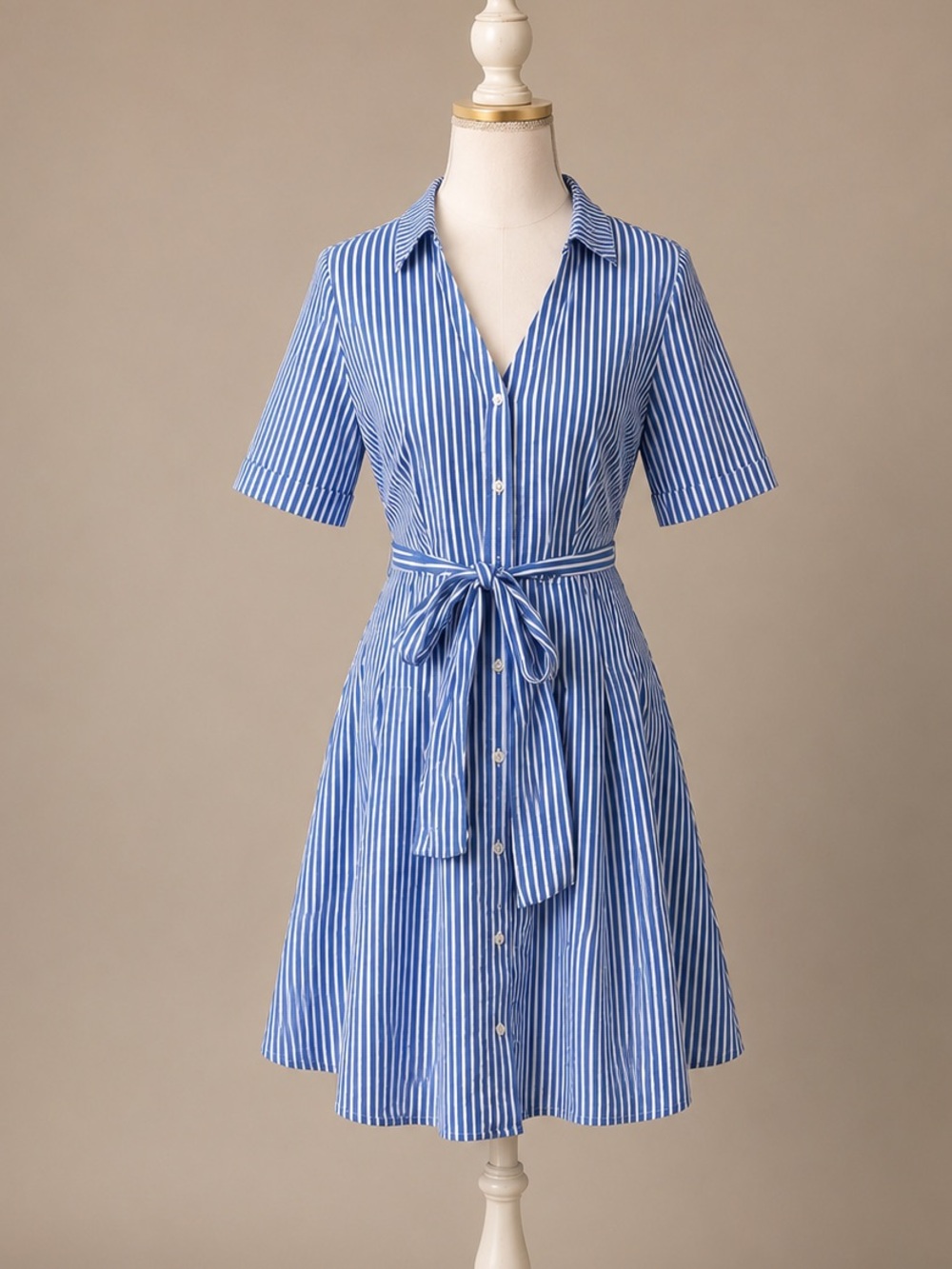 Preppy Coastal Cottage Seersucker Blue Stripe Fit & Flare Shirt Dress M